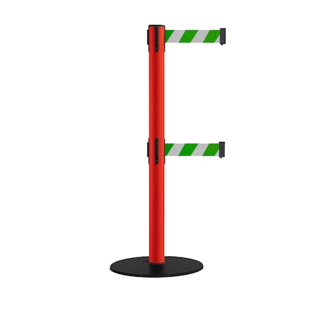 Montour Line Retractable Dbl Belt 2.5" Red Post , Low Base, 7.5'Grn/Wh Belt S400D-RD-GWD-75